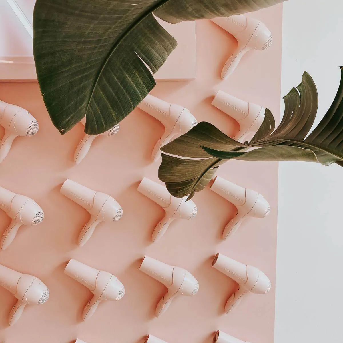 Grüne Blätter auf pfirsichfarbener Oberfläche mit hängendem Föhn-Design